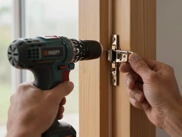 Close-up of a carpenter's hands fastening a door hinge with a cordless drill, natural daylight from a nearby window illuminating wood grain and the clean mortise cut