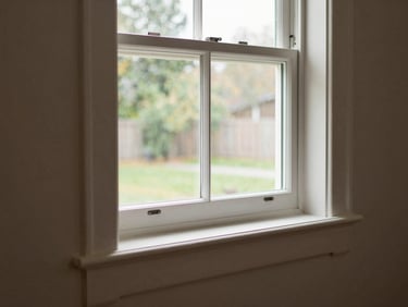 New vinyl double-hung window installed in a residential wall, interior trim casing freshly painted, soft north-facing daylight coming through the glass and catching the sill detail
