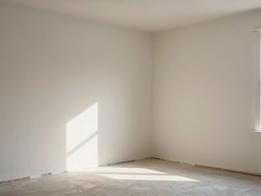 Interior room with freshly painted walls in a warm off-white, painter's tape removed to reveal a clean edge at the trim line, soft north window light across the flat surface