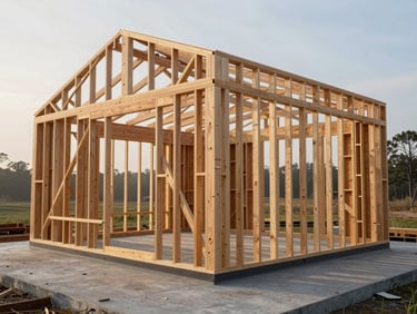 Framing stage of a home addition, wood stud walls and roof trusses under construction, soft morning light filtering through the open framing onto a concrete slab