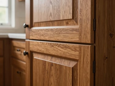 Close-up of newly installed kitchen cabinets with shaker-style doors, warm stained oak finish, soft north window light revealing wood grain and hardware detail