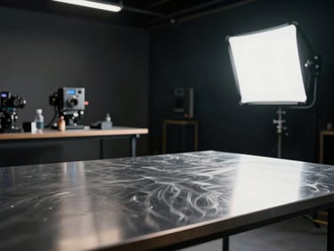 Cinematic wide shot of a dark, focused creative studio, soft silver reflections on metallic surfaces, low-key lighting