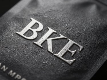 Extreme close-up of premium textured packaging with silver embossed lettering, dark dramatic shadows, landscape aspect