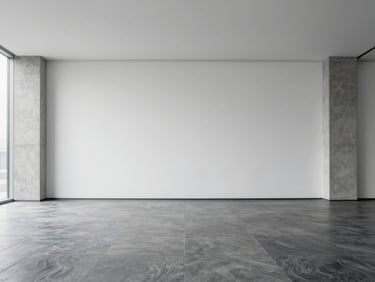Wide architectural angle of an empty modern executive boardroom, clean lines, concrete columns, soft diffused north-facing light, 35mm