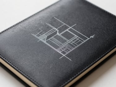 Close-up of a physical black leather notebook with clean architectural sketches, soft daylight, minimalist composition, 35mm
