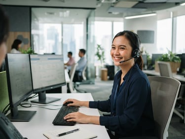 A professional customer service representative with a headset, smiling warmly in a bright Jakarta office, clean corporate daylight, 35mm