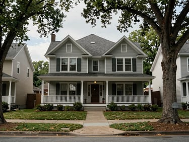 Street-level view of a two-story craftsman home in a mature Raleigh neighborhood, wide front porch, established oak trees lining the sidewalk, natural daylight, documentary framing