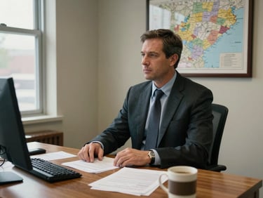 Agent seated at a wooden desk in a Raleigh office, natural window light, a framed NC county map visible on the wall behind, papers and a coffee mug on the desk, candid documentary feel