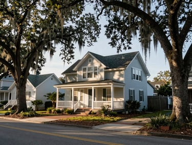 Wide environmental shot of a coastal cottage on a quiet Wilmington street, mature live oaks overhead, natural morning light filtering through Spanish moss, documentary framing