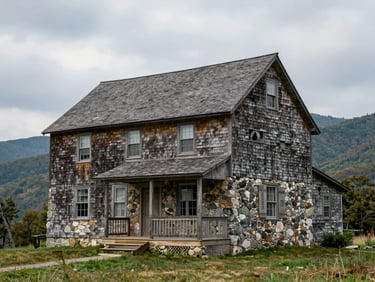 Exterior of a mountain farmhouse in Watauga County, stone foundation, board-and-batten siding, Blue Ridge foothills visible in the background, overcast daylight, honest documentary framing