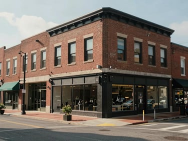 Street-level view of a mixed-use commercial building on a walkable downtown Durham block, brick facade, ground-floor retail frontage, natural daylight, honest documentary framing