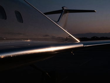 Architectural detail of a private jet terminal wing, sharp metallic lines against a deep twilight sky, low-key lighting, dark moody editorial photography