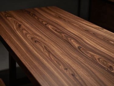 A massive solid walnut dining table slab, hand-planed surface showing rich organic wood grain under soft directional light