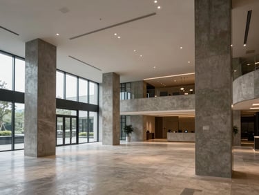 Close-up wide shot of a completed five-star hotel lobby interior — polished concrete columns, high ceiling with recessed lighting casting even cool light, empty atrium showing finish quality and spatial scale; overcast natural light through floor-to-ceiling windows; no people, documentary framing