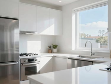 A meticulously cleaned modern kitchen, gleaming stainless steel appliances, spotless white countertops, and sparkling faucet under bright natural daylight.