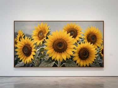 Environmental shot of a large-scale artwork from Clare Newton's Sunflower Series, framed in a minimalist gallery space, soft diffused daylight, neutral white and charcoal tones, high-resolution archival detail, 35mm.