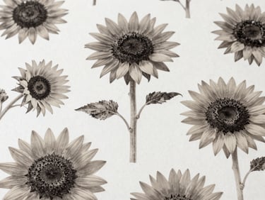 High-resolution flat-lay reproduction of an artwork from Clare Newton's Sunflower Series, featuring natural forms and abstract elements, gallery lighting, 35mm