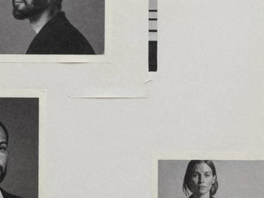 Extreme close-up detail of a mixed-media collage painting by Clare Newton, showing torn paper, paint strokes, and embedded photographic elements, soft diffused daylight, neutral white and charcoal tones, high-resolution archival detail, 35mm.