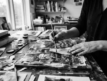 Clare Newton's hands working on a photocomposition, showing layered textures and subtle painterly details, diffused studio light, black and white, high-resolution archival detail.