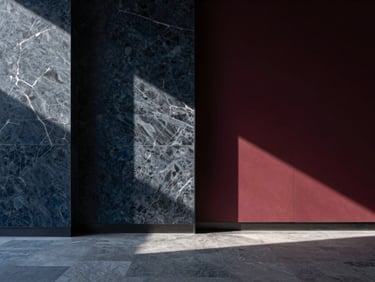 Bespoke modern hospitality interior with premium marble finishes and dramatic shadows, sharp focus.