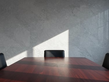 Minimalist corporate boardroom interior, sharp morning sunlight casting long geometric shadows on a dark mahogany table, premium marble background, crisp focus, Hasselblad medium format.