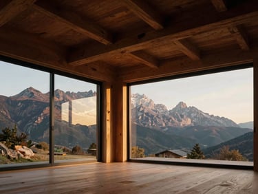 Modern minimalist villa interior with large eucalyptus wood beams and floor-to-ceiling windows overlooking the Andes mountains.