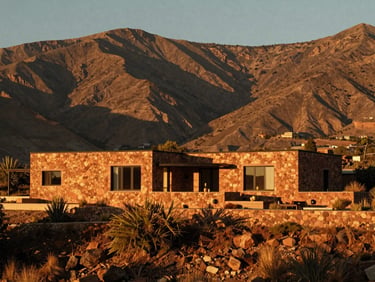 Low-profile modern villa integrated into the Sacred Valley mountainside, warm golden-hour light, terracotta stone walls, wide landscape