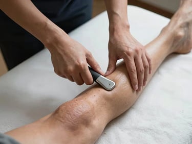 Close overhead shot of a therapist's hands applying IASTM tool along an athlete's calf muscle on a treatment table, bright directional studio light from above, clinical detail of instrument angle and tissue contact, no faces visible, stark white table surface