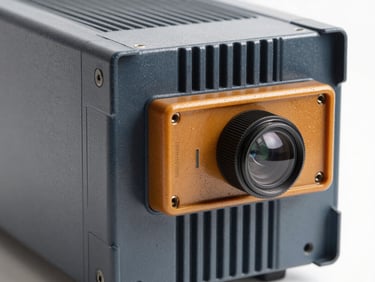Close-up of a modern servo voltage stabilizer unit, clean bright daylight, high-contrast technical details, deep grays and amber accents, 50mm lens