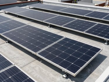 Commercial rooftop solar array under bright natural sunlight, crisp and sharp, high-contrast technical details, deep grays and amber accents, 50mm lens