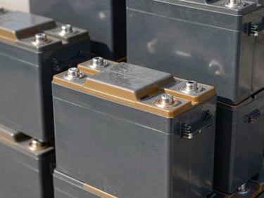 Close-up of a stack of heavy-duty industrial batteries, clean bright daylight, high-contrast technical details, deep grays and amber accents, 50mm lens