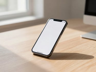 Sleek modern smartphone displaying a minimalist interface on a clean wooden desk, soft natural shadows
