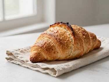 Freshly baked sourdough bread loaf with a perfect golden crust on a clean linen cloth, bright side light