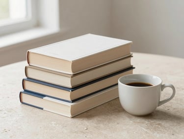 A neatly arranged stack of books next to a clean ceramic coffee cup on a neutral stone table, overhead shot