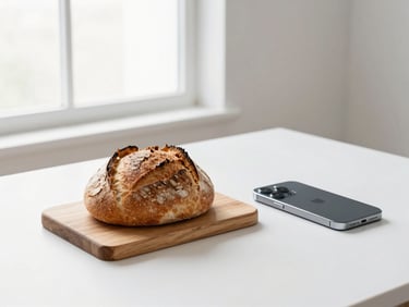 Minimalist clean workspace with a fresh loaf of sourdough bread on a wooden board next to a sleek modern smartphone, bright natural window light