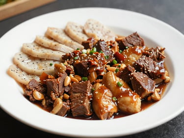 Plated ready meal of braised meat and sides on a clean white plate under bright daylight, served and ready to eat