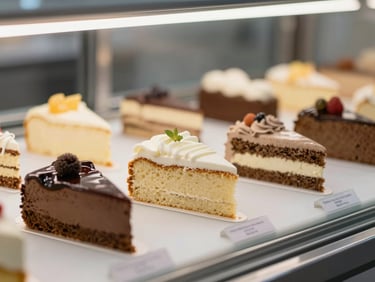 Close-up of fresh-baked desserts — slices of cake and sweet treats on a clean white display counter under bright studio lighting