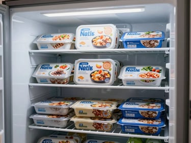 Neatly arranged frozen meal boxes and frozen food packaging in a bright white freezer display, clean and modern