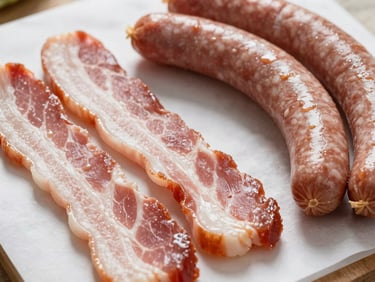 Close-up of thick-cut bacon strips and coiled Russian sausages arranged on a white butcher paper under bright natural light, glistening and fresh