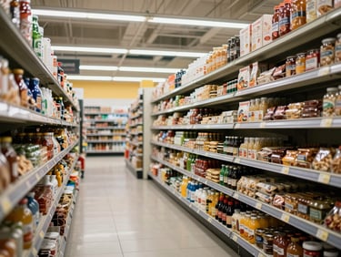 Wide store aisle shot showing fully stocked shelves of packaged foods, beverages, and deli products under bright fluorescent store lighting, clean floor, modern retail environment