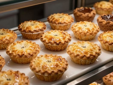 Assorted golden-baked pies and flaky pastries on a white display tray under clean studio lighting, warm and appetizing