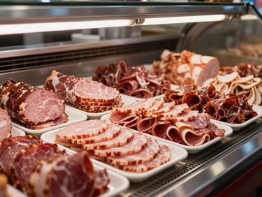 Close-up of a bright deli counter with sliced deli meats — polony, ham, and cold cuts fanned out on white trays under clean fluorescent display lighting