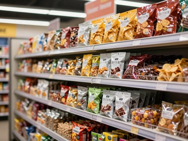 Colourful snack display shelf with chips, biltong packets, and sweet treats arranged in a bright modern store under overhead lighting