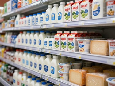 Bright refrigerated dairy shelf displaying milk cartons, yoghurt tubs, and cheese blocks neatly arranged under clean white store lighting