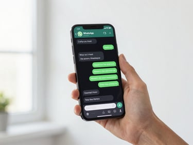 A hand holding a smartphone showing a WhatsApp chat on a bright white background, clean modern composition, soft natural window light from the left