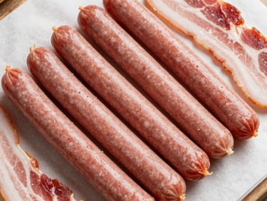 Overhead close-up of neatly arranged fresh sausage links and bacon strips on white butcher paper under bright natural light, vibrant red and pink tones, clean and appetising