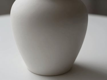 Close-up of a matte ceramic vase on a white surface, soft shadows, minimalist, high contrast.