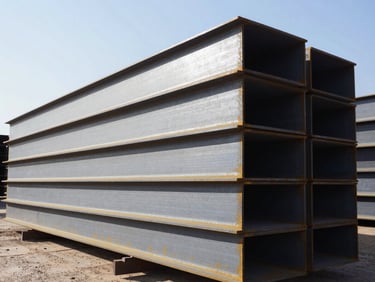 Low-angle heroic shot of stacked heavy structural steel beams at a Casablanca industrial yard, harsh high-contrast Mediterranean sunlight casting geometric shadows, 35mm