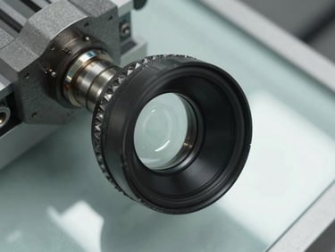 Overhead technical shot of an optical lens blank on a precision grinding fixture, diamond wheel edge visible at the frame edge, bright daylight-balanced shop lighting, glass surface reflecting light cleanly