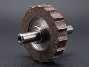Side-angle macro shot of a custom-profile diamond grinding wheel with complex contoured edge geometry, precision-ground non-standard profile, technical shop lighting on charcoal background